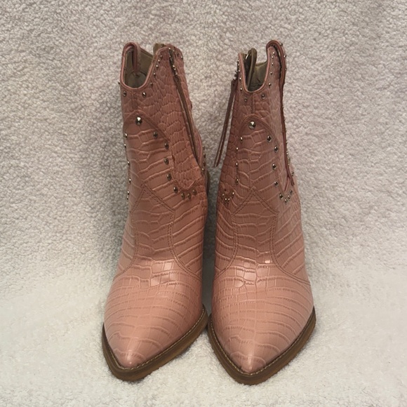 Sam Edelman Pink Croc-Embossed Ankle Boots - Picture 6 of 9